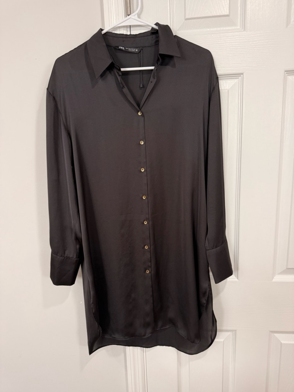 Zara Black Satin Button-Up Shirt Dress Size M